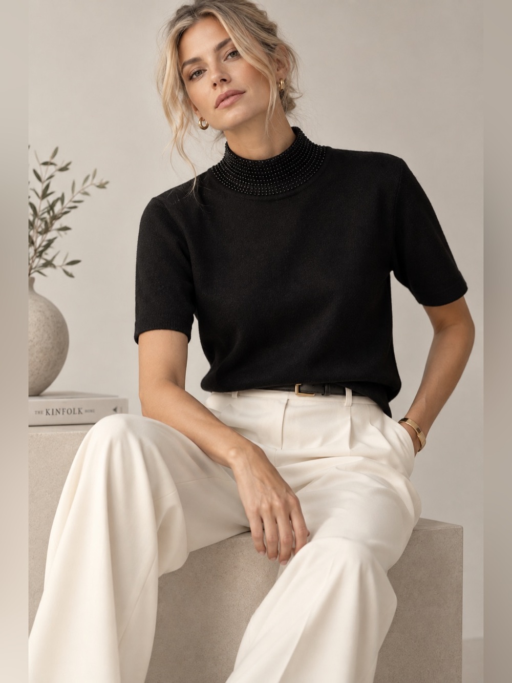 Black Short-Sleeve Knit Top with Beaded Mock Neck